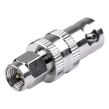 Adaptador RF Coaxial / SMA Macho a BNC Hembra / En Línea / Cuerpo Bronce Niquelado / Contacto Oro / Aislante Teflón