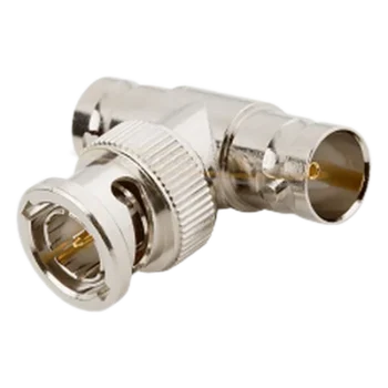 Adaptador RF en T / BNC Macho a Doble BNC Hembra / 50 Ohm / Cuerpo Troquelado Niquelado / Contacto Oro / Aislante Delrin