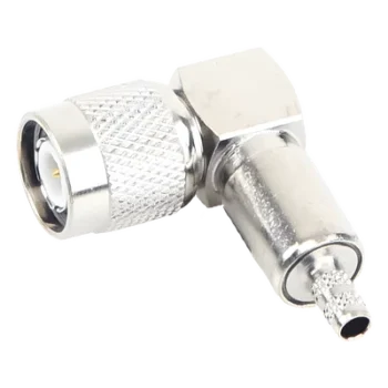 Conector RF TNC Macho / Ángulo Recto / Ensamblaje Anillo Plegable / Bronce Niquelado / Contacto Oro / Dieléctrico Teflón