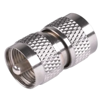 Adaptador RF Coaxial / UHF Macho a UHF Macho / Barril en Línea / Cuerpo Bronce Niquelado / Aislante Teflón