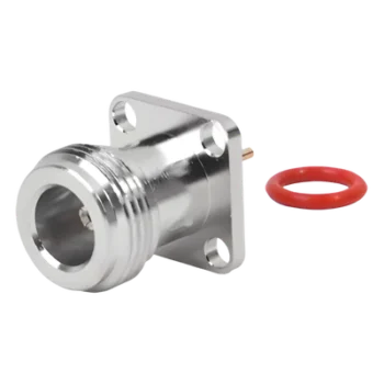 Conector RF N Hembra / Montaje Panel Cuadrado 17.5 mm / 4 Perforaciones 12.7 mm (0.5 in) / Soldable / Contacto Oro / Aislante Teflón