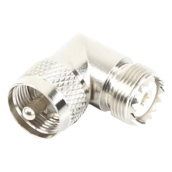 Adaptador RF en Ángulo Recto / UHF Macho PL-259 a UHF Hembra SO-239 / Cuerpo Bronce Niquelado / Aislante Delrin