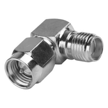 Adaptador RF Coaxial / Ángulo Recto / SMA Macho a SMA Hembra / Cuerpo Bronce Niquelado / Contacto Oro / Aislante Teflón