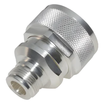 Adaptador de Conector RF / DIN 7-16 Macho a N Hembra / Montaje en Línea / Cuerpo Bronce Plateado / Aislante Teflón