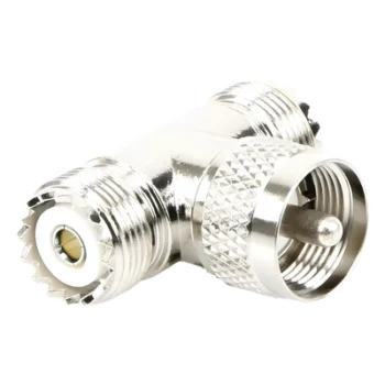 Adaptador RF en T / UHF Macho PL-259 a Doble UHF Hembra SO-239 / 50 Ohm / Níquel-Plata / Delrin