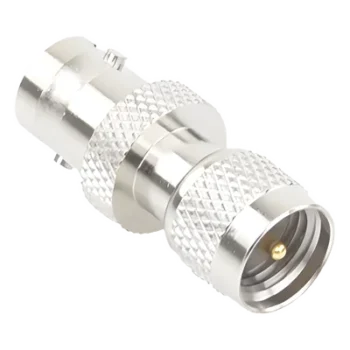Adaptador de Conector / Mini UHF Macho a BNC Hembra / Montaje en Línea / Cuerpo Bronce Niquelado / Contacto Oro / Aislante Teflón
