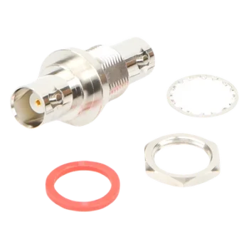 Adaptador Coaxial / Doble BNC Hembra / Montaje Chasis Hermético / D-Plano Frontal o Trasero / 50 Ω / Cuerpo Niquelado / Contacto Oro