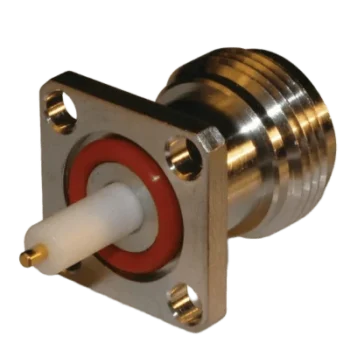 Conector RF / N Hembra / Soldable / Chasis 4 perforaciones / 18 mm / Bronce plateado / Contacto oro