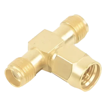 Adaptador RF en T / SMA Macho a Doble SMA Hembra / Recubrimiento de Oro / Aislante de Teflón