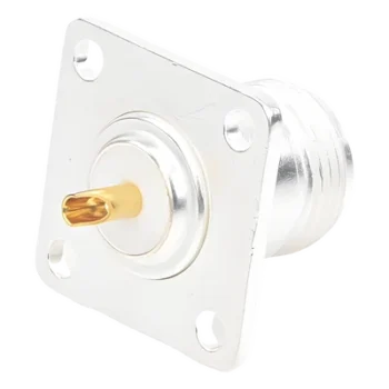 Conector RF N Hembra / Montaje Frontal en Panel / 4 Perforaciones 18 mm / Cuerpo Bronce Plateado / Contacto Oro / Aislante Teflón