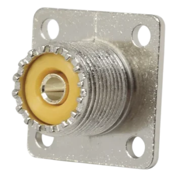 Conector UHF Hembra (SO-239), para Montaje en Chasis con 4 perforaciones a 18 mm, Terminal Soldable, Níquel/ Plata/ Delrin.