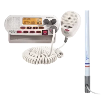 Kit de Radio VHF Marino / Antena Fibra de Vidrio 2.4 m (7.9 ft) / 25 W / DSC / Dual-Watch / PL259 / Base Acero Inoxidable