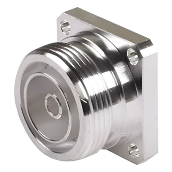 Conector DIN 7-16 Hembra / Flange 4 Hoyos Panel / Copa Soldable / Cuerpo Bronce-Plata / Dieléctrico Teflón