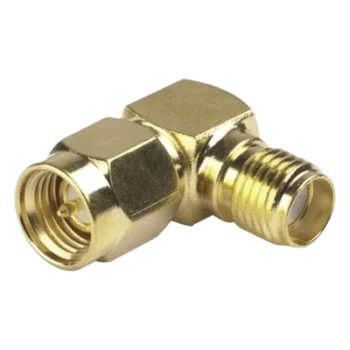 Adaptador RF / SMA Macho a SMA Hembra / Ángulo Recto / Cuerpo Bronce Oro / Contacto Oro / Dieléctrico Teflón