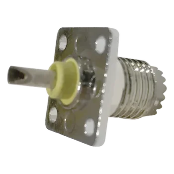 Conector Mini-UHF Hembra / Montaje 4 Perforaciones 13 mm (0.51 in) / Cuerpo Níquel / Contacto Oro / Aislante Baquelita / Soldable