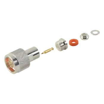 Conector RF N Macho / Ensamble por Rosca / Compatibilidad RG-58/U y RG-142/U / Cuerpo Bronce Plateado / Contacto Oro / Aislante Teflón
