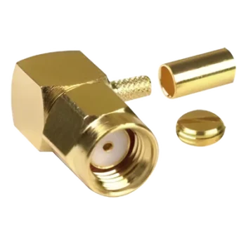 Conector Coaxial SMA Macho Inverso / Ángulo Recto / Anillo Plegable / Compatibilidad RG-174/U y Belden 8216 / Cuerpo Bronce con Recubrimiento de Oro / Aislante Teflón