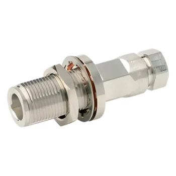 Conector N Hembra de Chasis / Auto-sujetado / FSJ1-50A 1/4" / 50 Ω / DC-6000 MHz / Oro-Plata-Trimetal