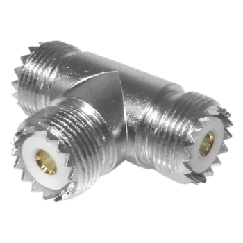 Adaptador RF / Triple UHF Hembra / Forma T / SO-239 / Níquel-Plata / Delrin
