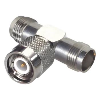 Adaptador RF en T / TNC Macho a Doble TNC Hembra / 50 Ohm / Bronce Niquelado / Contacto Oro / Aislante Teflón