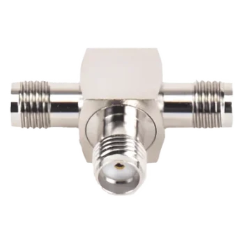 Adaptador RF en T / Triple Conector SMA Hembra / Frecuencia 18 GHz / Cuerpo Bronce Niquelado / Aislante Teflón