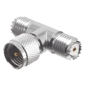 Adaptador en T de Conector Mini-UHF Macho a Doble Mini-UHF Hembra, Níquel/ Plata/ Teflón.
