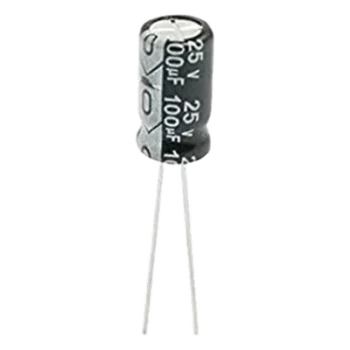 Capacitor Electrolítico Radial / 100 µF / 25 Vcc / 105 °C / 6.3 x 11 mm / Corriente de Rizado 170 mA RMS