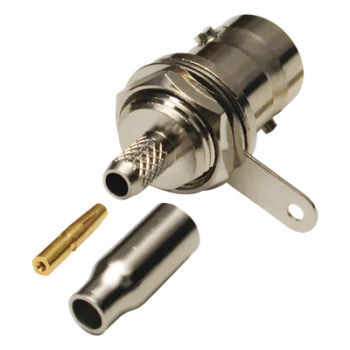 Conector BNC Hembra a 50 Ohm, Montaje Frontal en D-Plano, Anillo Plegable para Cables RG-174/U y RG-316/U, Niquel/ Oro/ Teflón.