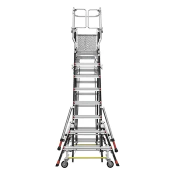 Escalera de Fibra de Vidrio con Jaula / Ajuste de Altura 8' a 14' (2.44 a 4.27 m) / Carga Máxima 170 kg (375 lb) / Nivelación en Ruedas Ratchet™ / Peso 58.5 kg (129 lb)