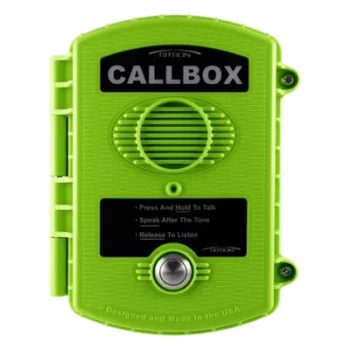 Callbox UHF / 450-470 MHz / Gabinete de Policarbonato para Exteriores / Botón PTT Antivandálico / Alimentación por Baterías D o Externa