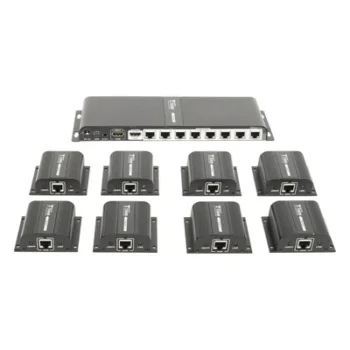 Kit Divisor y Extensor HDMI (Extender Splitter) / Divide 1 Fuente HDMI a 8 Pantallas / Extiende la señal HDMI hasta 40 m / Resolución 1080P @ 60 Hz / Cat 6/6a/7 / Uso 24/7 / Salida Loop en el Tx / IR / Alimente solo el Tx (PoC).
