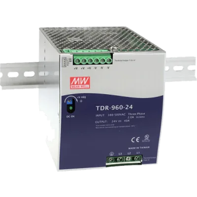 Fuente de Alimentación Industrial Trifásica 960W / Rango de Entrada 340 ~ 550VAC / Ancho 110mm / PFC Activo / Eficiencia 94.5% / Protecciones Completa / Montaje en Riel DIN / Corriente Compartida hast