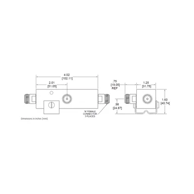 Separador de señal RF / División 2:1 / 350-5930 MHz / 500W promedio / PIM -161 dBc / IP67 / Tipo N