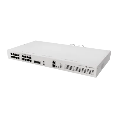 Switch Rackmount / 16 Puertos Gigabit / 8 Puertos PoE 802.3af/at 150W / 2 Puertos SFP+ 10G / CPU Quad-Core 2.2 GHz ARM / RouterOS v7 / L3 HW Offloading / Alimentación Dual Redundante / USB 3.0