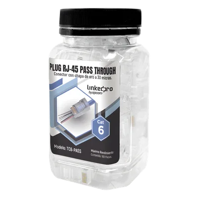 Bote de Plugs Pass Through RJ45 Cat6 / 100 Piezas / Sin Blindaje / Chapado Oro 30 Micras / Diseño Monopieza