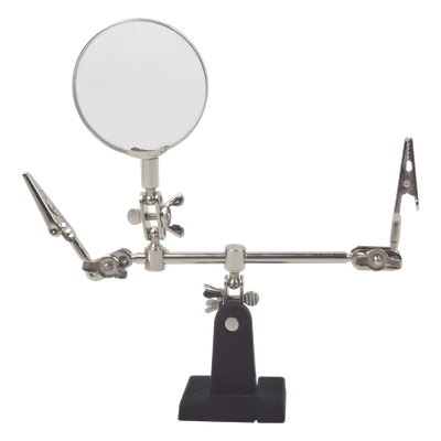 Soporte con lupa y brazos con clip / Lupa 6.2 cm / Aumento 3x / Base hierro fundido / 289 g / 14 x 8 cm (5.5 x 3.1 pulgadas)