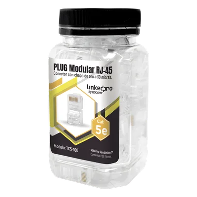Bote de 100 Conectores RJ45 Cat5e / Sin Blindaje / Chapado Oro 30 Micras / 24 AWG / TIA-568B.2