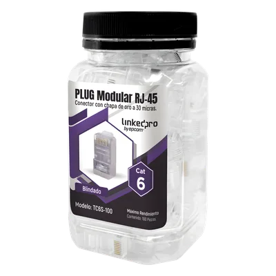 Plug Modular RJ45 / Cat6 Blindado / Chapado Oro 30µ / 23AWG / Sin Pin Tierra / 100 Piezas