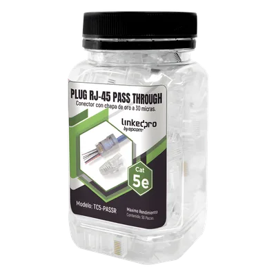 Plugs Pass-Through RJ45 / Cat5e / Sin Blindaje / Alivio de Tensión Integrado / Chapado Oro 30 Micras / 24 AWG / TIA-568B.2