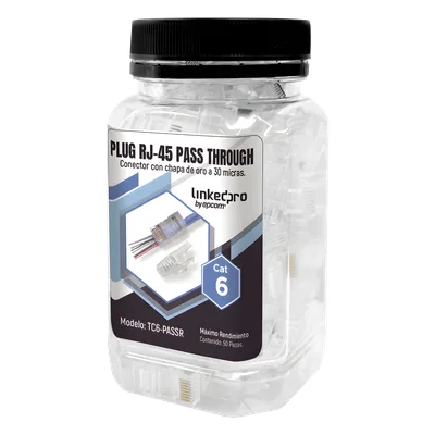 Plugs Pass Through / RJ45 Cat6 / Sin Blindaje / Alivio de Tensión / Chapado Oro 30 Micras / 50 Piezas