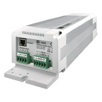 Etapa de potencia IP / 2×25W estéreo o 1×50W mono / Carril DIN / RTP-SIP-Modbus / WAV-MP3 / 8 GB