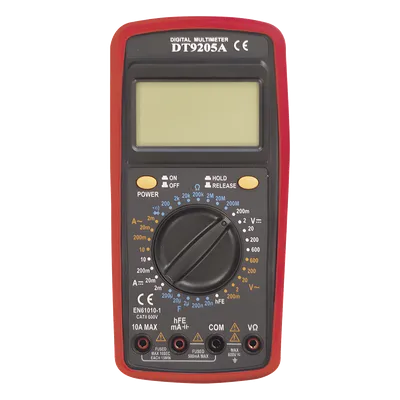 Multímetro Digital / 600 V CC/CA CAT II / 1999 Recuentos / LCD 67 x 42 mm / Corriente 10 A / Resistencia 200 MΩ / HFE Transistores