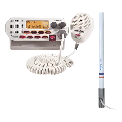 Kit de Radio VHF Marino / Antena Fibra de Vidrio 2.4 m (7.9 ft) / 25 W / DSC / Dual-Watch / PL259 / Base Acero Inoxidable