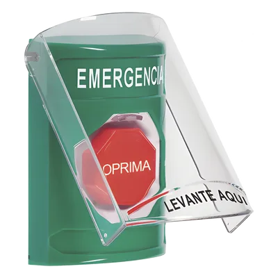 Botón de Emergencia de Superficie / Tapa de Policarbonato / Bocina Pre Alarma / 2 Relés C 10 A / Texto en Español / Solo Interior