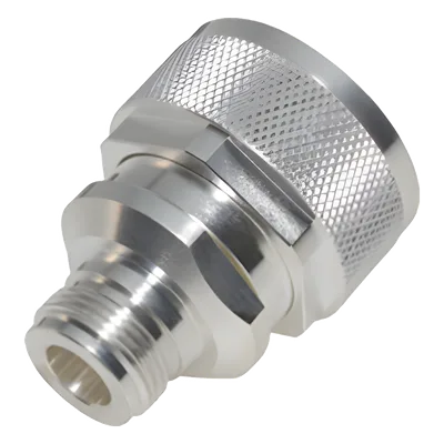 Adaptador de Conector RF / DIN 7-16 Macho a N Hembra / Montaje en Línea / Cuerpo Bronce Plateado / Aislante Teflón
