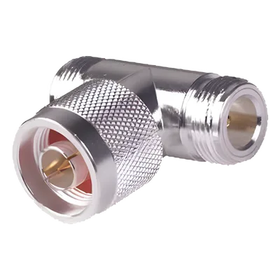 Adaptador RF en T / Conector N Macho a Doble N Hembra / Cuerpo Bronce Plateado / Contacto Oro / Aislante Teflón