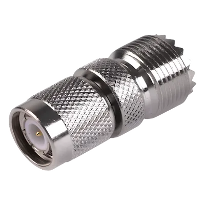 Adaptador de Conector RF / TNC Macho a UHF Hembra SO-239 / Montaje en Línea / Cuerpo Bronce Niquelado / Contacto Oro / Aislante Teflón