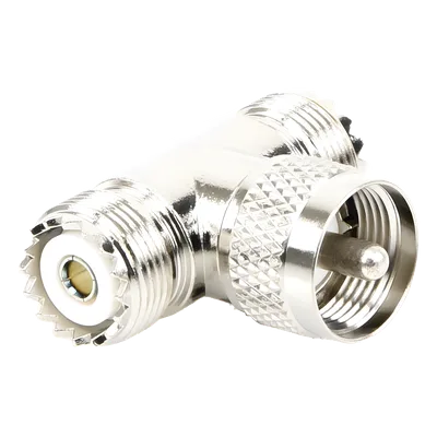 Adaptador RF en T / UHF Macho PL-259 a Doble UHF Hembra SO-239 / 50 Ohm / Níquel-Plata / Delrin