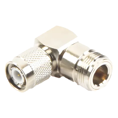 Adaptador Coaxial / Ángulo Recto / TNC Macho a N Hembra / Cuerpo Bronce Niquelado / Contacto Oro 24K / Aislante Teflón