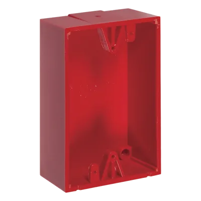 Caja trasera de montaje en superficie / Policarbonato resistente / 1.5 pulgadas (38mm) / Compatible botones STI #0, #1, #3, #4, #7 / Clasificación 5VA / UL y cUL / Rojo y azul
